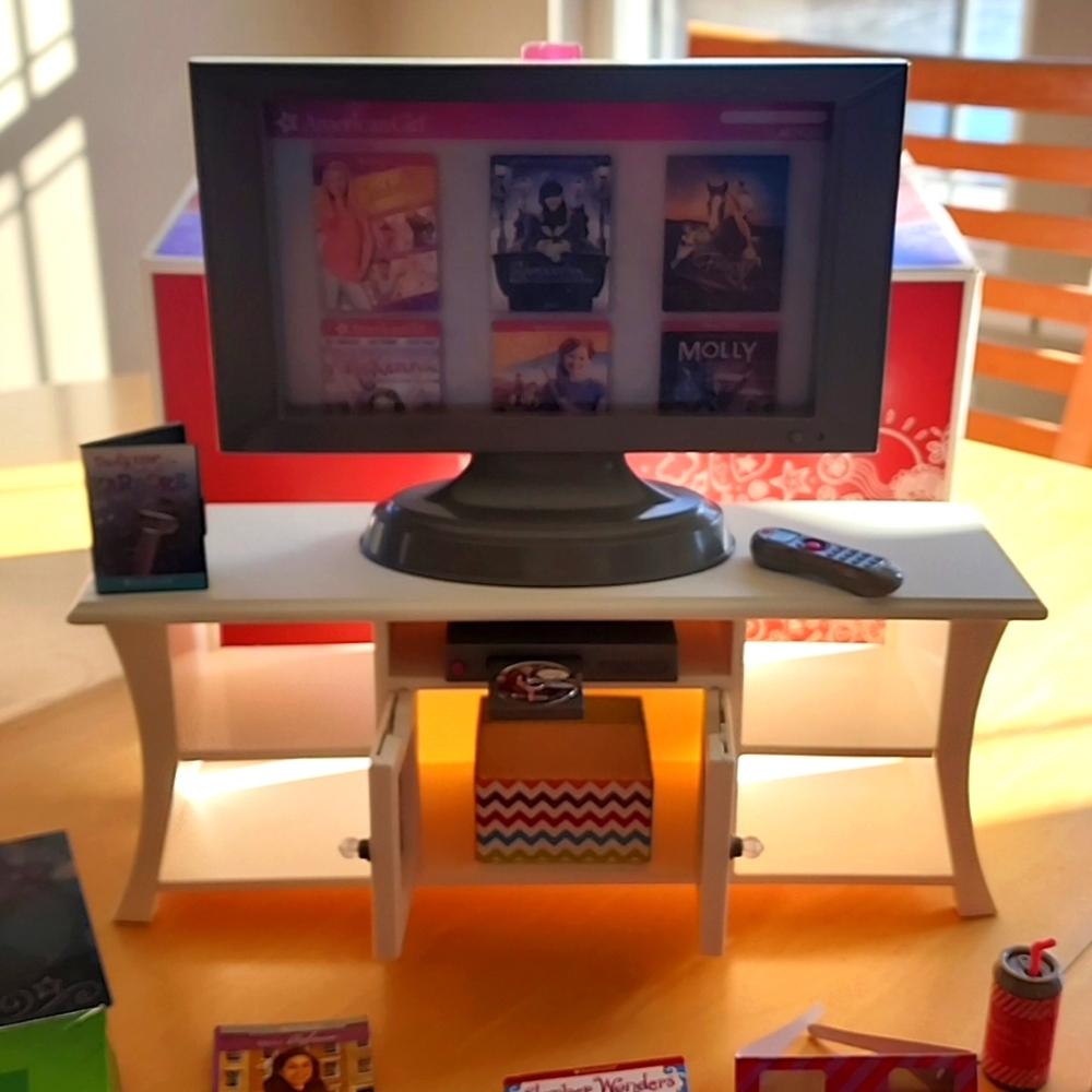 2 American Girl sets pizza party and tv with stand